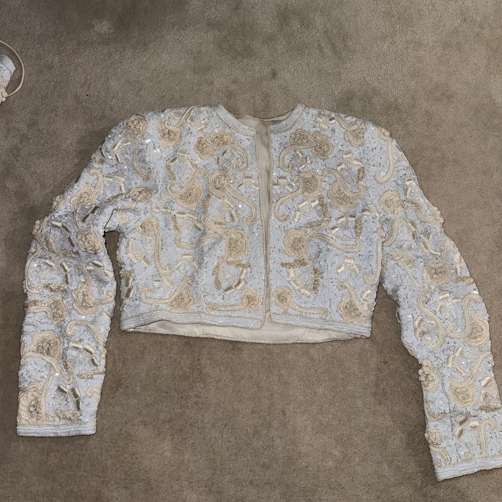 Embellished Cream and Silver Cropped Jacket and maxi dress